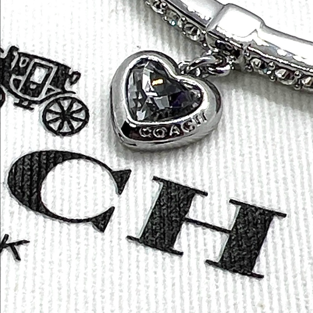 Coach Silver Crystal Heart Charm Hinged Bangle Bracelet NWT $125 MSRP & Dust Bag - Picture 5 of 11